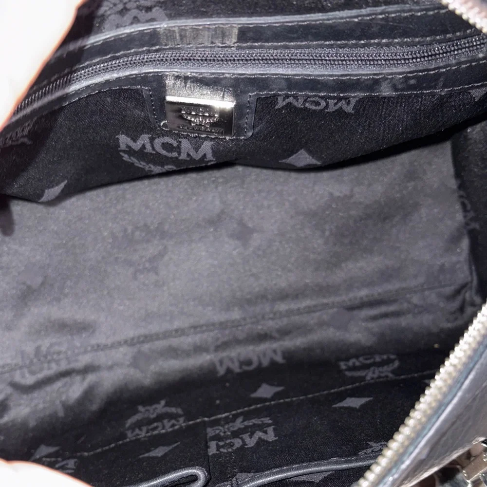 MCM  Visetos Black Boston Bag Leather Trim Silver Hardware Charms CIOA